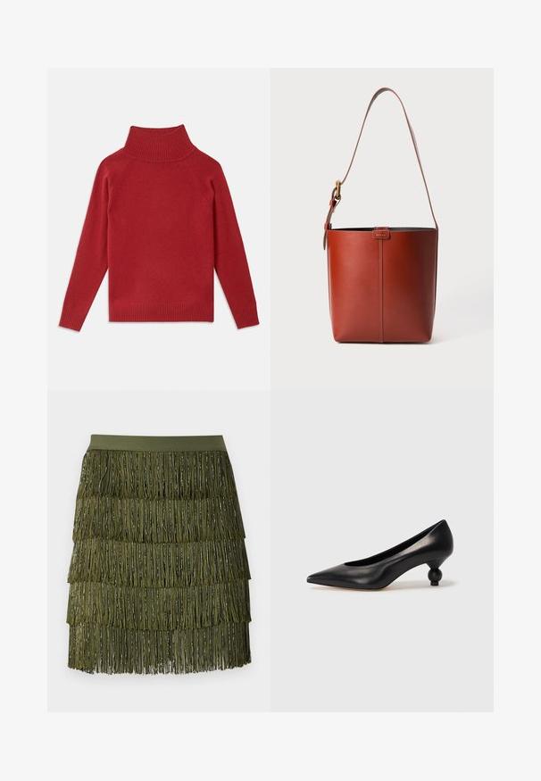 Roter Rollkragenpullover aus weichem Strickstoff. Merkmale sind der gerippte Kragen und die Bündchen, ein lässiger Schnitt und nahtlose Schultern.; WEEKEND MaxMara LUCY HALE GARONNA - Minirock - verde kaki; Schwarze Leder-Pumps mit spitzem Zehenbereich und runder, ballförmiger Ferse. Glatte Textur mit einem eleganten, minimalistischen Design.; Braune Leder-Eimer-Tasche mit verstellbarem Schultergurt und goldfarbener Schnalle, einfache vertikale Nahtdetails auf der Vorderseite.