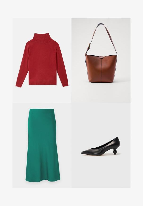 Röd polotröja i mjukt stickat tyg. Har ribbad krage och ärmar, med en avslappnad passform och sömlösa axlar.; En grön, knälång kjol i slät tyg, med en utsvängd nederkant och en passform runt midjan. Inga synliga mönster eller detaljer i metall.; Svart läderhögklackad sko med spetsig tå och rund, bollformad klack. Slät yta med en elegant, minimalistisk design.; Brun läderaxelväska med en böjd form, slät yta och ett enda tunt band. Har en subtil söm och en liten logotypdetalj.