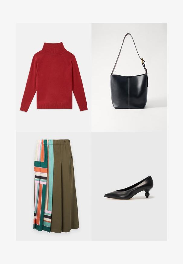 Rode turtleneck trui van zachte gebreide stof. Met ribgebreide kraag en mouwen, een ontspannen pasvorm en naadloze schouders.; Knielange rok met een elastische tailleband; effen olijf groene stof gemengd met kleurrijke geometrische patronen in panelen aan één kant.; Zwarte leren hoge hak schoen met een spitse neus en een ronde, bolle hak. Gladde textuur met een elegant, minimalistisch ontwerp.; Zwarte leren schoudertas met een gladde textuur, voorzien van een dunne, lange schouderband en een subtiele stiknaad in het midden.