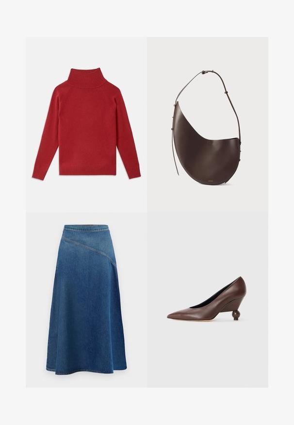 Piros garbópulóver puha kötött anyagból. Bordás nyakkal és mandzsettával rendelkezik, laza fazonú, varrat nélküli vállakkal.; Sötétkék farmer A-vonalú szoknya, magas derékkal, ferde varrással és laza szabású, fodros aljjal.; Barna bőr wedge pumpa hegyes orral és kerek, gömb alakú sarokkal. Simább textúrájú, egyszerű dizájnnal és minimális díszítéssel.; Barna bőr kézitáska ívelt formával, egyszálú pánttal és minimalista dizájnnal. Diszkrét logóval és arany színű fém részekkel rendelkezik.