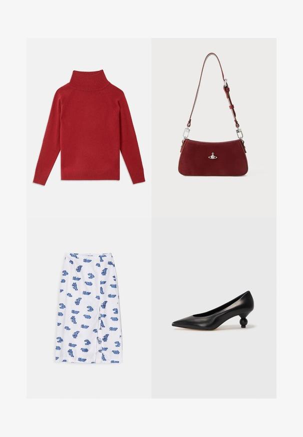 Κόκκινο ζιβάγκο φούτερ από μαλακό πλεκτό ύφασμα. Διαθέτει ριμπ μανσέτες και λαιμό, με χαλαρή εφαρμογή και χωρίς ραφές στους ώμους.; Λευκή φούστα με μπλε λουλουδάτο μοτίβο, ίσια γραμμή, μέχρι το γόνατο, με σχισμή στο πλάι για επιπλέον λεπτομέρεια και κίνηση.; Μαύρο δερμάτινο ψηλοτάκουνο παπούτσι με μυτερή μύτη και στρογγυλή, μπαλαρίνα σόλα. Λείο υλικό με κομψό, μινιμαλιστικό σχέδιο.; Κόκκινη σουέτ τσάντα ώμου με καμπυλωτό σχήμα. Διαθέτει μεταλλική ασημένια λεπτομέρεια και ρυθμιζόμενο λουρί με λεπτομέρειες από μέταλλο. Απαλή υφή.