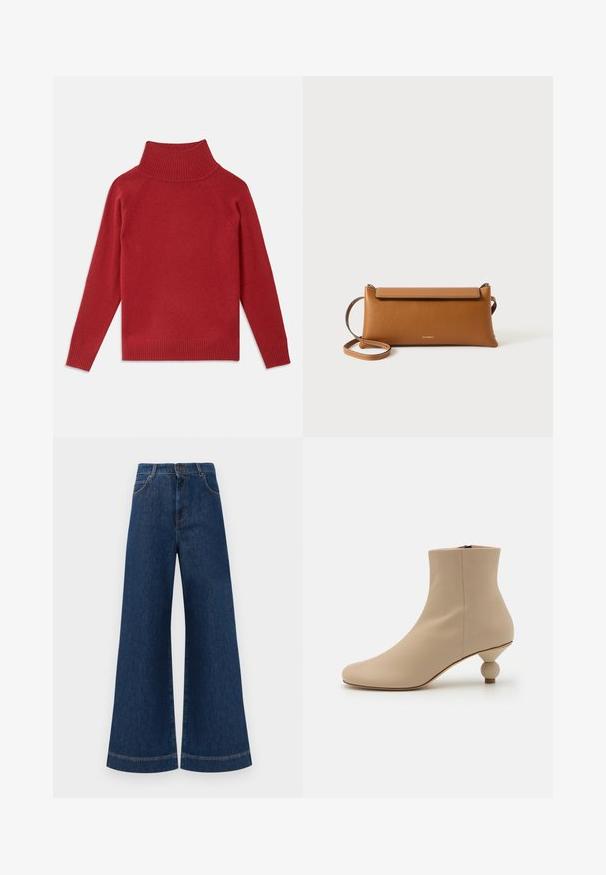 Pull à col roulé rouge en tricot doux. Présente un col et des poignets côtelés, avec une coupe décontractée et des épaules sans couture.; Jeans en denim bleu à taille haute et jambes larges, avec une fermeture à bouton, des passants de ceinture et des détails de couture subtils le long des poches et des ourlets.; Botte cheville en cuir beige avec un bout pointu et un talon en forme circulaire. Dispose d'une texture lisse et d'une fermeture éclair à l'arrière pour un enfilage facile.; Sac à main en cuir brun, de forme rectangulaire, surface texturée, bandoulière amovible, fermeture éclair, logo subtil estampé à l'avant.