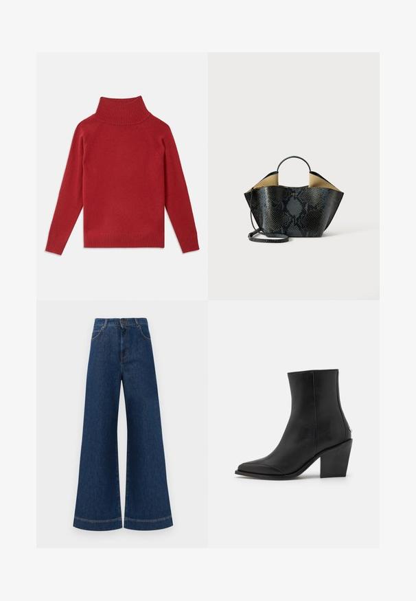 Röd polotröja i mjukt stickat tyg. Har ribbad krage och ärmar, med en avslappnad passform och sömlösa axlar.; Bredda blå denimjeans med hög midja, med knappstängning, bältesögglor och subtila sömdetaljer längs fickorna och fållarna.; Svart läderankelboot med spetsig tå, blockklack och subtil detaljering på sidan. Slät textur med en minimalistisk design.; Svart och gråtormskinnsmönstrad handväska med en strukturerad design, dubbla handtag och en justerbar axelrem. Har en beige inredning.