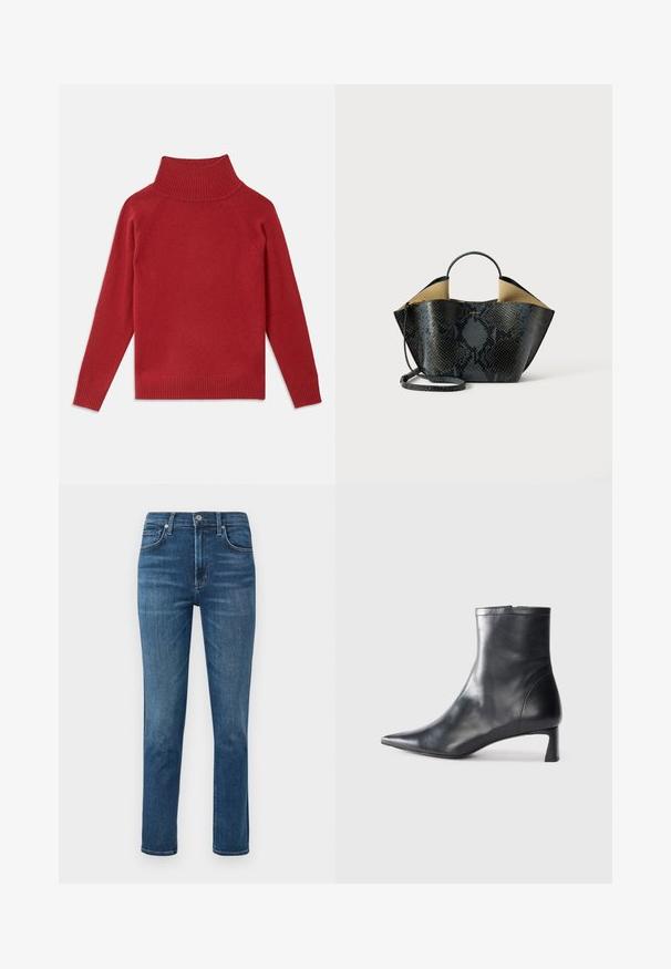 Raudona trumpa suknelė, pagaminta iš minkštos trikotažo medžiagos. Savybės: su raukšlėta apykakle ir rankogaliais, laisvas pjūvis ir be siūlių petukai.; Tamsiai mėlynos džinsinės kelnės su tiesiu kirpimu, penkių kišenių dizainu ir metaline sagtele juosmens srityje. Švelnus nudėvėjimas ir siuvinėjimo detalės.; Juodas odinis kulkšninis batas su smailiu pirštu ir elegantišku dizainu. Turi žemą kulną ir užtrauktuką gale. Lygi tekstūra.; Juodas ir pilkas gyvatės odos rašto rankinė su struktūrizuotu dizainu, dviem rankenomis ir reguliuojamu pečių diržu. Viduje yra smėlio spalvos interjeras.