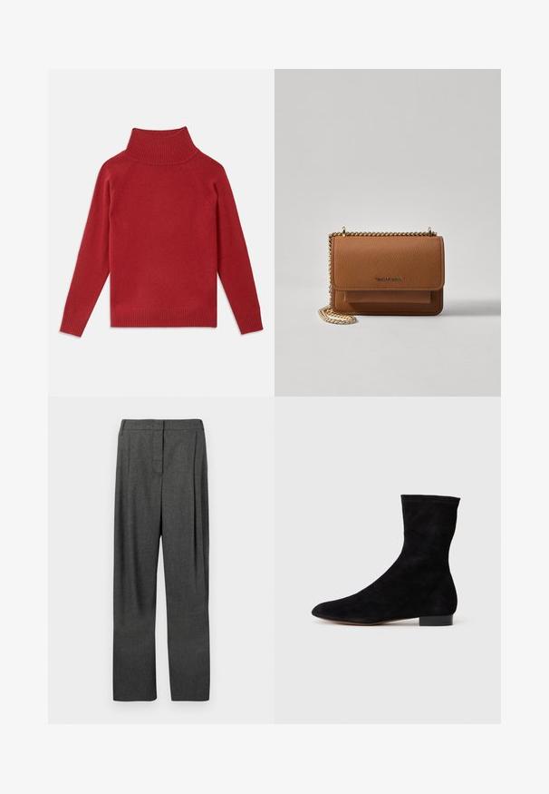 Sweater vermelho de gola alta feito de um suave tecido de malha. Apresenta colarinho e punhos canelados, com um corte descontraído e ombros sem costura.; Calças cinzas feitas de tecido tecido, com perna reta, pregas frontais e uma textura suave.; Bota de tornozelo em camurça preta com cano ajustado, bico fino e salto bloco baixo. Textura suave e design minimalista, adequada para estilos versáteis.; Bolsa crossbody de couro texturizado castanho com alça de corrente dourada e fecho com aba. A parte da frente apresenta detalhe do logótipo e um bolso sob a aba.
