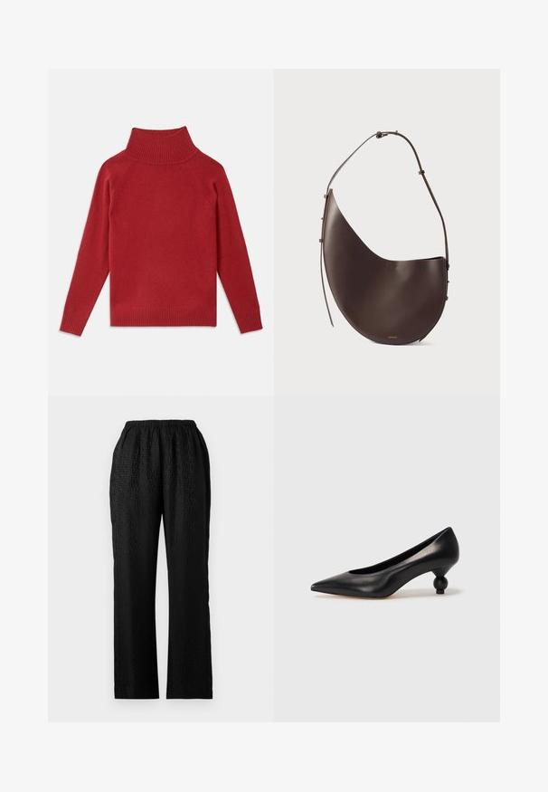 Red turtleneck sweater made of soft knit fabric. Features ribbed collar and cuffs, with a relaxed fit and seamless shoulders.; Black, elastic-waist pants with a textured design featuring a subtle pattern, straight leg shape, and a lightweight fabric.; Black leather high heel shoe with a pointed toe and a round, balled heel. Smooth texture with a sleek, minimal design.; Brown leather handbag with a curved shape, single strap, and minimalistic design. Features a subtle logo and gold hardware accents.
