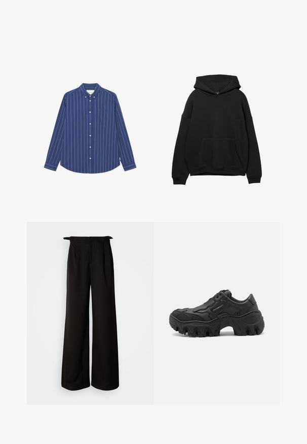 Mustat huppari pehmeästä kankaasta, jossa on etutasku, säätönyörillä varustettu huppu ja ribattu hihansuu. Yksinkertainen muotoilu vähällä yksityiskohdalla.; Laivaston napitettavissa oleva paita, jossa on valkoisia pystysuoria raitoja, pitkät hihat ja rintatasku. Valmistettu sileästä kankaasta, jossa on kaulussuunnittelu.; Mustat leveälahkeiset housut korkealla vyötäröllä, joissa on laskokset ja nauhakoristeet sivuilla, valmistettu sileästä ja tukevasta kankaasta.; Musta kankea lenkkari paksulla urheilupohjalla, tekstuurilla varustetut sivupaneelit, nauhakiinnitys ja brändin nimi "ROMBAUT" sivupaneelin kohdalla.