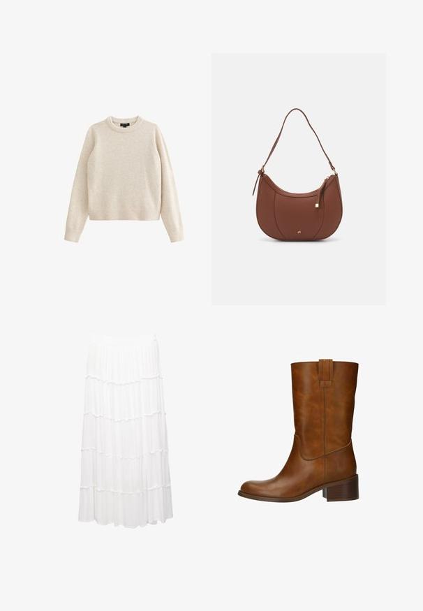 Pull en tricot couleur crème avec un col rond et des manches longues. Présente des poignets et un ourlet côtelés, avec un tissu doux et texturé.; Jupe blanche à volants en tissu léger, dotée d'une taille élastique, de couches froncées et d'un design fluide qui descend jusqu'au milieu du mollet.; Bottine en cuir marron avec un bout rond, un petit talon carré et des coutures sur les côtés. Présente un accent de sangle verticale à l'arrière.; Sac à épaule en faux cuir brun, de forme arrondie, avec des coutures minimales et un accent en matériel doré. Il possède une fermeture zippée sur le dessus et une sangle réglable.