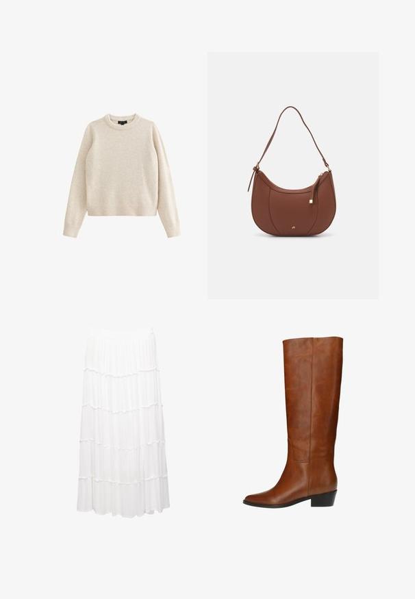 Pull en tricot couleur crème avec un col rond et des manches longues. Présente des poignets et un ourlet côtelés, avec un tissu doux et texturé.; Jupe blanche à volants en tissu léger, dotée d'une taille élastique, de couches froncées et d'un design fluide qui descend jusqu'au milieu du mollet.; Bottes en cuir marron à hauteur de genoux avec une texture lisse, bout pointu et petit talon carré. Coutures verticales pour la structure, détails minimalistes.; Sac à épaule en faux cuir brun, de forme arrondie, avec des coutures minimales et un accent en matériel doré. Il possède une fermeture zippée sur le dessus et une sangle réglable.