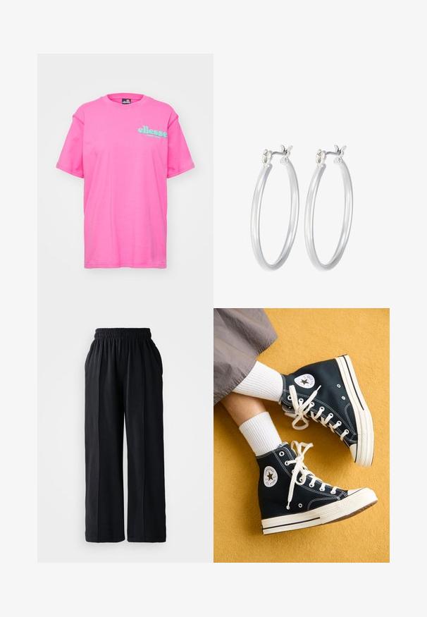 Krótka bluza w ciemnozielonym kolorze, z kołnierzem na suwak do połowy, ściągaczami przy rękawach oraz miękką teksturą. Wyszywane logo na klatce piersiowej.; Ellesse CAMPOFELICE różowy; Czarne spodnie o szerokich nogawkach z elastycznym paskiem, wykonane z miękkiego materiału, charakteryzujące się gładką teksturą i czystymi liniami projektu.; Czarne, wysokie sneakersy z płótna z białymi sznurowadłami i gumowymi podeszwami, z okrągłym logo Converse All Star po zewnętrznej stronie.; Srebrne kolczyki w formie kółek o gładkim, polerowanym wykończeniu. O okrągłym kształcie i pewnym zapięciu na klik. Lekka konstrukcja odpowiednia do codziennego noszenia.