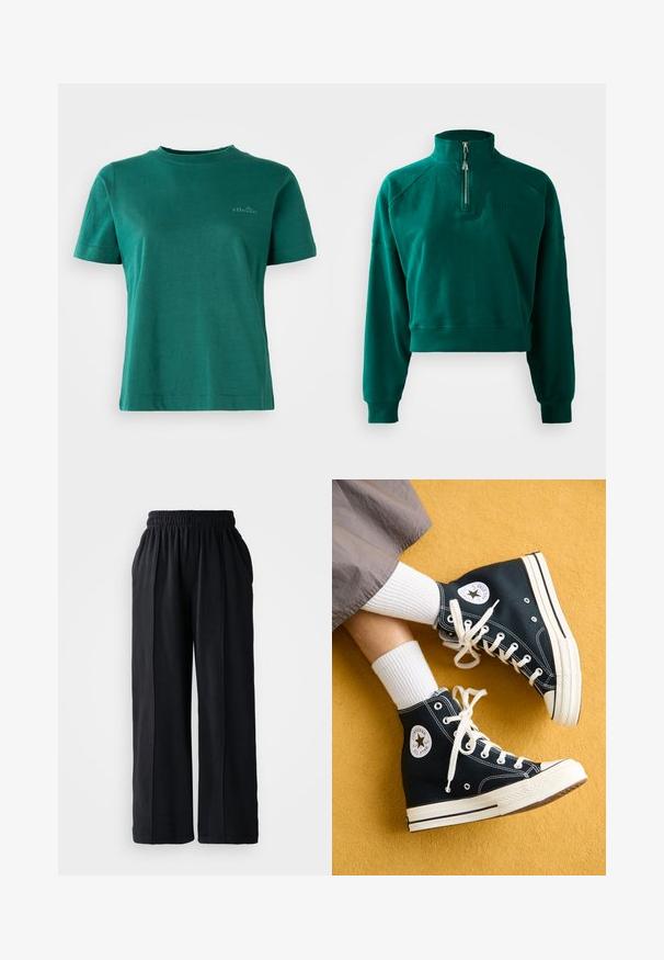 Crop sweatshirt in dark green, featuring a half-zip collar, ribbed cuffs, and a soft texture. Embroidered logo on the chest.; Green short-sleeve t-shirt made of soft fabric with a round neckline and subtle logo accent on the front.; Black wide-leg pants with an elastic waistband, made from soft fabric, featuring a smooth texture and clean design lines.; Black high-top canvas sneakers with white laces and rubber soles, featuring a round Converse All Star logo on the outer side.