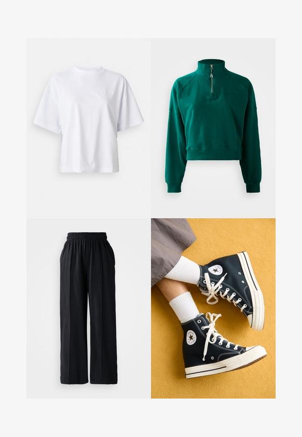 Tumsē zaļš īss krekls ar pus-izjaukšanas apkakli, ribotām piedurknēm un mīkstu tekstūru. Izšūts logo uz krūtīm.; Balts kokvilnas T-krekls ar brīvu pieguvi, īsām piedurknēm un ribinātu apaļu kakla izgriezumu. Uz krūtīm ir subtīla logo zīme.; Melnas platās bikses ar elastīgu jostu, izgatavotas no mīksta auduma, ar gludu faktūru un skaidrām dizaina līnijām.; Melnas augstpēdu kanvas sporta kedas ar baltām auklām un gumijas zolemi, ar apaļu Converse All Star logo ārējā pusē.
