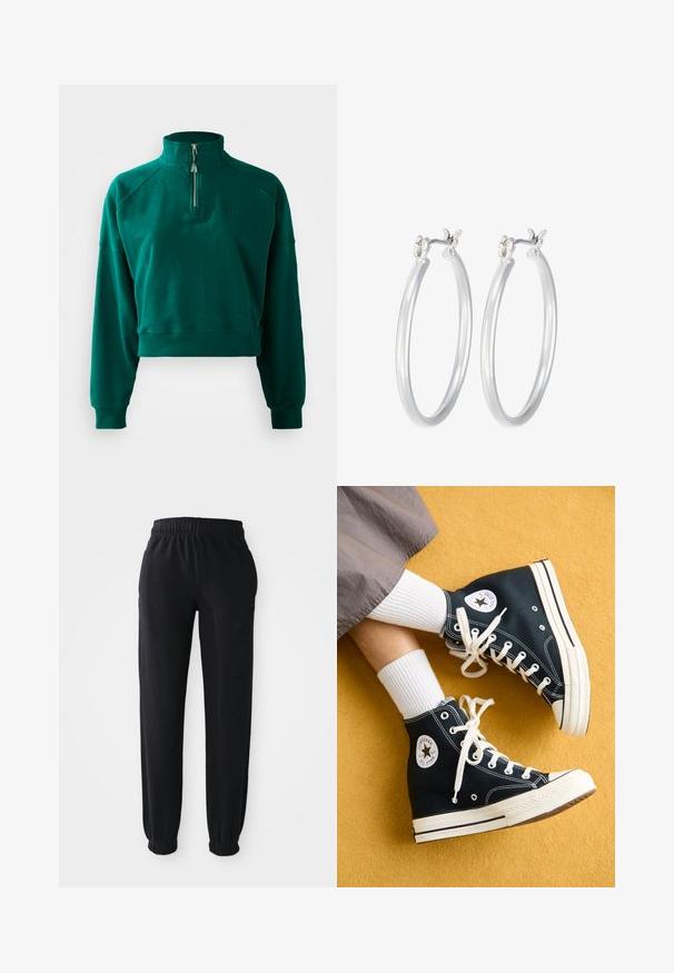Korte sweatshirt in donkergroen, met een halve ritssluiting, geribbelde manchetten en een zachte textuur. Geborduurd logo op de borst.; Zwarte joggingbroek met een elastische tailleband, taps toelopende boorden en een zachte textuur, zonder zichtbare logo's of patronen.; Zwarte canvas hoge sneakers met witte veters en rubberen zolen, met een ronde Converse All Star-logo aan de buitenzijde.; Zilveren oorbellen in de vorm van een gladde, gepolijste ring. Ronde vorm met een veilige kliksluiting. Lichtgewicht ontwerp, geschikt voor dagelijks gebruik.