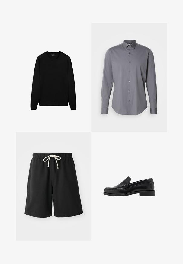 Černý svetr s dlouhým rukávem akulatým výstřihem. Vyrobený z měkké látky, s klasickým střihem a žebrovanými manžetami a lemem. Bez vzorů nebo akcentů.; Šedá košile s dlouhým rukávem na knoflíky vyrobená z hladké bavlny. Má klasický límec a zaoblený lem s šesti tmavými knoflíky vpředu.; Černé teplákové kraťasy vyrobené z měkkého materiálu, s elastickým pasem a krémovou šňůrkou na stažení, doplněné o boční kapsy.; Černé kožené mokasíny s hladkým povrchem, prošíváním na špičce a nízkým podpatkem pro komfort a styl.