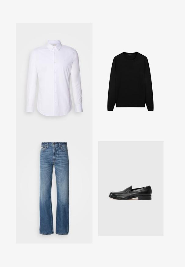 Czarny sweter z długim rękawem i okrągłym dekoltem. Wykonany z miękkiego materiału, o klasycznym kroju z ribbowanymi mankietami i dołem. Bez wzorów ani akcentów.; Biała koszula z długim rękawem zapinana na guziki, wykonana z gładkiego materiału, z klasycznym kołnierzykiem, guzikami z przodu i subtelnym logo na piersi.; Niebieskie dżinsy z prostymi nogawkami, wysokim stanem i delikatnym wyblaknięciem. Zawierają zapięcie na guzik i zamek błyskawiczny oraz klasyczny pięciopocketowy design.; Czarne skórzane loafersy z okrągłym noskiem, kontrastowym przeszyciem i niskim obcasem, z ozdobnym paskiem z przodu. Gładka faktura.