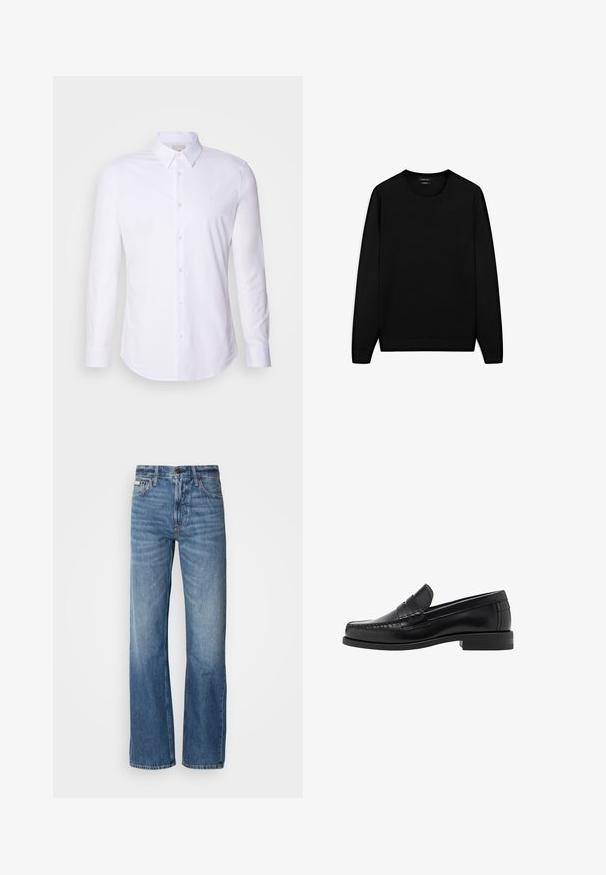 Zwarte lange mouwen trui met ronde hals. Gemaakt van zachte stof, met een klassieke pasvorm en geribde mouwen en onderrand. Geen patronen of accenten.; Witte lange mouwen button-up shirt in een gladde stof, met een klassieke kraag, knopen aan de voorkant en een subtiele logo op de borst.; Blauwe spijkerbroek met een rechte pijp, hoge taille en subtiele vervaging. Voorzien van een knoop- en ritssluiting, en een klassieke vijf-pocketontwerp.; Zwarte leren instappers met een gladde afwerking, gestikte details op de neus en een lage hakontwerp voor comfort en stijl.