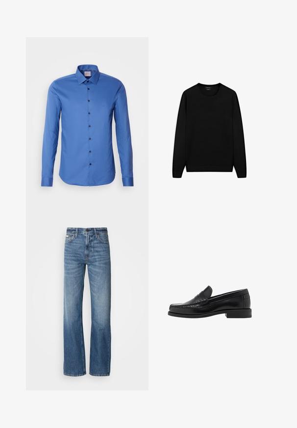 Zwarte lange mouwen trui met ronde hals. Gemaakt van zachte stof, met een klassieke pasvorm en geribde mouwen en onderrand. Geen patronen of accenten.; Blauwe overhemd met lange mouwen, gemaakt van textuurstof, met een puntkraag en donkere knopen aan de voorkant. Klein logo op de borst.; Blauwe spijkerbroek met een rechte pijp, hoge taille en subtiele vervaging. Voorzien van een knoop- en ritssluiting, en een klassieke vijf-pocketontwerp.; Zwarte leren instappers met een gladde afwerking, gestikte details op de neus en een lage hakontwerp voor comfort en stijl.
