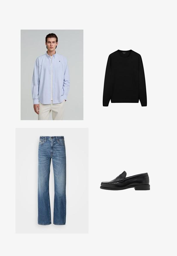 Schwarzer Langarmpullover mit rundem Ausschnitt. Hergestellt aus weichem Stoff, mit klassischer Passform und gerippten Bündchen und Saum. Keine Muster oder Akzente.; Hellblaue und weiße gestreifte Hemdbluse mit langen Ärmeln; verfügt über einen Kragen und ein kleines gesticktes Logo auf der Brust.; Blaue Denim-Jeans mit geradem Bein, hoher Taille und dezenten Ausbleichungen. Sie verfügen über einen Knopf- und Reißverschluss sowie ein klassisches Fünf-Taschen-Design.; Schwarze Lederloafer mit glatter Oberfläche, genähten Details an der Zehe und einem flachen Absatzdesign für Komfort und Stil.