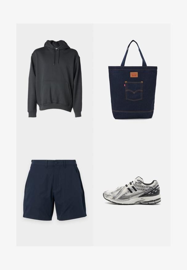 Mørkegrå hettegenser laget av myk stoff, med en frontlomme, snorer i hetten, og ribbestrikkede ermer og kant.; Hvit bomull t-skjorte med korte ermer, rund hals og subtilt Levi's-logo trykt i midten. Myk tekstur og standard passform.; Mørkeblå shorts laget av glatt, lett stoff. Har knappelukking, sidelommer og en skreddersydd design med rett snitt.; Herresko til løping i hvitt mesh med svarte detaljer, med dempet såle, snøring og en teksturert overflate for grep.; Mørkeblå denim totebag med to håndtak, synlige sømmer og en frontlomme med et klassisk logo-lapp.