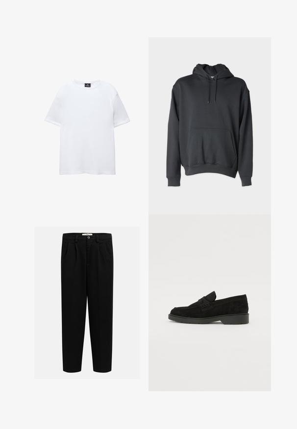 Ciemnoszara hoodie wykonana z miękkiego materiału, z przednią kieszenią, sznurkami przy kapturze oraz ściągaczami przy mankietach i u dołu.; Biała koszulka bawełniana z krótkimi rękawami, okrągłym dekoltem i luźnym krojem. Gładka faktura bez wzorów czy ozdób.; Czarne spodnie wykonane z miękkiego materiału, z prostym krojem nogawek, fałdami z przodu oraz z zapięciem na guzik w talii.; Czarne zamszowe mokasyny z niskim obcasem, z prostą taśmą na górze i teksturowanymi detalami po bokach.