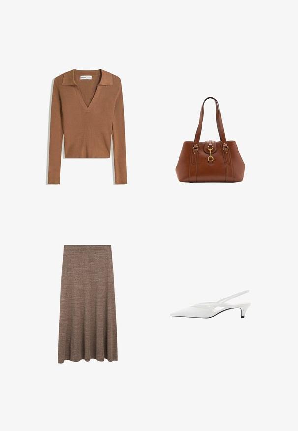 Brun, ribbet langærmet cropped sweater med dyb V-udskæring og krave, lavet af let strikket stof.; Brun strikket midi nederdel med en svajet silhuet, der har en glat elastisk talje og en subtil struktur over det hele.; Hvide slingback hæle med spids tå, der har en glat overdel, subtile udskæringer og en lav blokhæl. Den sorte sål fremhæver designet.; Brun lædertaske med dobbelte stropper, rund form, guldfarvet hardware og en central spænde detalje. Glat tekstur med syninger.
