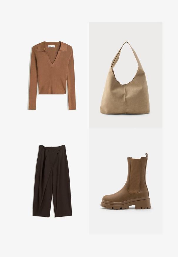 Brown ribbed long-sleeve cropped sweater with a deep V-neck and collar, made of lightweight knit fabric.; Dark brown wide-leg trousers with a high waist, featuring a single button closure and a pleated front. Made from lightweight fabric.; Brown ankle boot with a smooth leather finish, elastic side panels, and a chunky sole. Features a pull tab at the back for easy wear.; Hobo bag in soft beige suede with a slouchy shape, wide shoulder strap, and a hand-stitched seam detail along the front.
