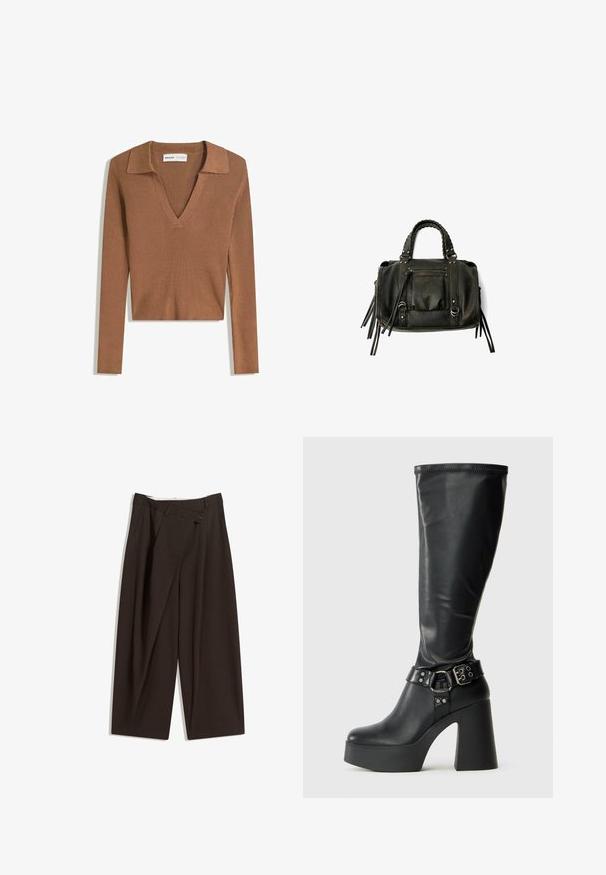 Hnedý rebrovaný dlhý rukáv cropped sveter s hlbokým výstrihom do V a golierom, vyrobený z ľahkej pleteniny.; Tmavohnedé široké nohavice s vysokým pásom, s jedným gombíkom a záhybmi vpredu. Vyrobené z ľahkej textílie.; Čierne vysoké platformové čižmy s lesklým povrchom, s širokým blokovým podpätkom a s prackou na členku.; Čierna kožená kabelka s vrkočovými uchami, zipsovou kapsou a zavesenými strapcami. Textúrovaný povrch s kovovými cvokmi a akcentmi z kovu.