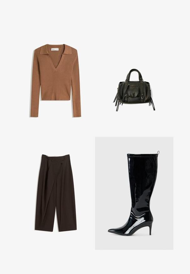 Pull court à manches longues, côtelé et marron, avec un décolleté en V profond et un col, fabriqué en tissu tricot léger.; Pantalons larges marron foncé à taille haute, dotés d'une fermeture à un bouton et d'un devant plissé. Confectionnés en tissu léger.; Botte en cuir verni noir, hauteur genou, avec un bout pointu et un talon slim haut. Comprend une fermeture éclair à l'arrière et une texture lisse et brillante.; Sac à main en cuir noir avec des poignées tressées, une poche zippée et des glands suspendus. Surface texturée avec des clous en métal et des accents en métal.