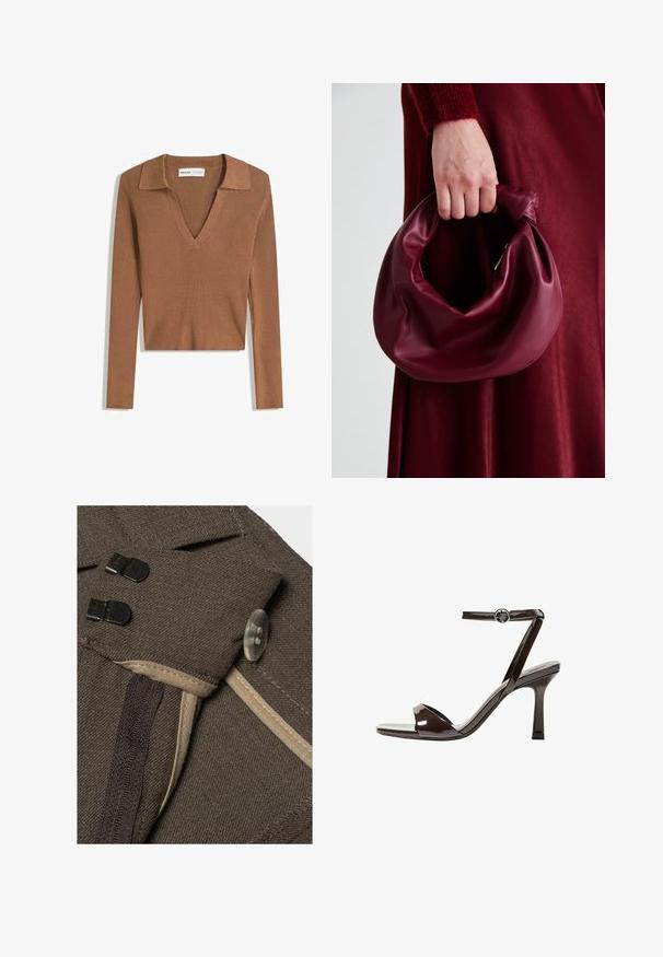 Bruine geribbelde lange mouwen cropped trui met een diepe V-hals en kraag, gemaakt van lichtgewicht gebreide stof.; Bruine stof met een geweven textuur, voorzien van zwarte clips, een doorzichtige knop en contrasterende beige en donkerpaarse stiksels.; Bruine gepatenteerde lederen sandaal met hoge hak, enkelbandje, open teen, en een strak, minimalistisch ontwerp. Voorzien van een vierkante hak.; Bordeaux leren handtas met een zacht, gegathered ontwerp en een ronde vorm. De handgreep is stevig bevestigd en toont een gladde textuur.