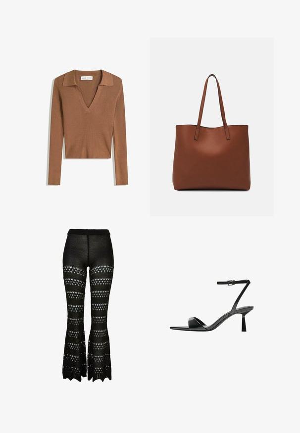 Brown ribbed long-sleeve cropped sweater with a deep V-neck and collar, made of lightweight knit fabric.; Black knitted flared pants featuring an openwork design with alternating bands of large and small cutouts, elastic waistband, textured fabric.; Bershka High heeled sandals - black; Brown leather tote bag with a smooth texture, open top design, and two shoulder straps. Features minimal stitching and no visible hardware.