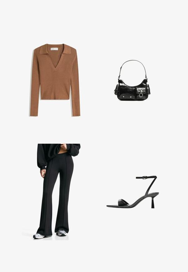 Hnědý žebrovaný dlouhý rukáv cropped svetr s hlubokým V-výstřihem a límcem, vyrobený z lehké pleteniny.; Černé rozšířené kalhoty s vysokým pasem a bočními švy. Vyrobeny z elastického materiálu, mají hladký povrch. Kombinovány s sportovními botami.; Bershka Sandály na vysokém podpatku - black; Černá lakovaná kožená kabelka s křivkovým tvarem, jedním ramenním popruhem, předními kapsami a stříbrnými kovovými detaily.