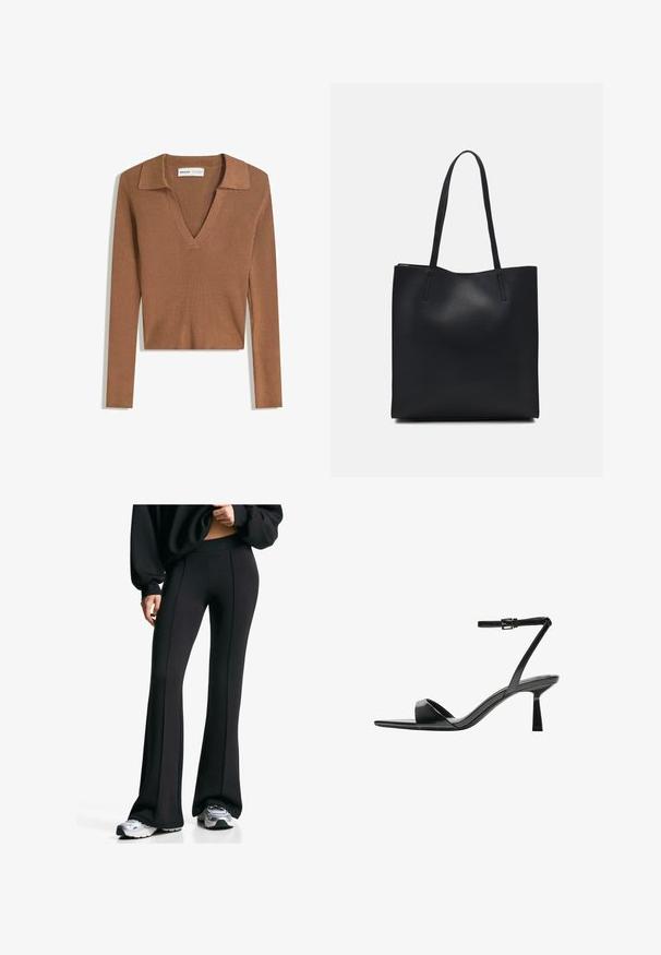Hnedý rebrovaný dlhý rukáv cropped sveter s hlbokým výstrihom do V a golierom, vyrobený z ľahkej pleteniny.; Čierne rozšírené nohavice s vysokým pásom a bočnými švami. Vyrobené z elastického materiálu, majú hladkú textúru. Skombinované s atletickými topánkami.; Bershka Sandále na vysokom opätku - black; Čierna kožená taška na rameno s hladkým povrchom, obdĺžnikovým tvarom a dvoma dlhými uchami. Bez viditeľného kovania alebo ozdôb.