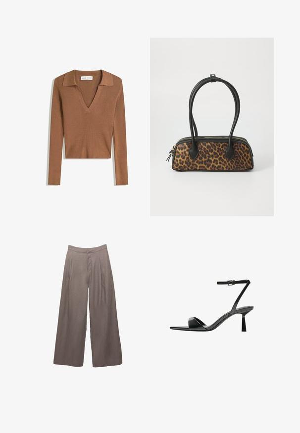 Brown ribbed long-sleeve cropped sweater with a deep V-neck and collar, made of lightweight knit fabric.; Wide-leg taupe linen pants with high waist and front pleats, designed for a loose, relaxed fit.; Bershka High heeled sandals - black; Leopard print handbag with a black faux leather base, dual top handles, gold zipper, and accented black faux leather tabs. Rectangular shape.