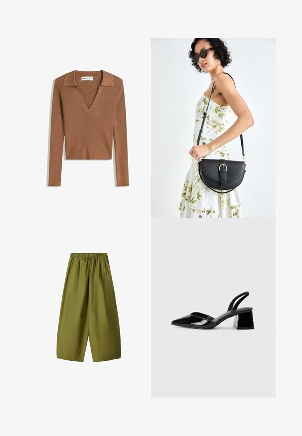 Brun ribbad långärmad kortad tröja med djup V-ringning och krage, tillverkad av lättstickad tyg.; Olivgröna byxor med vida ben, elastisk midja och dragsko. Tillverkade av lätt tyg och har två sidofickor.; Svarta lackläder slingback klackar med spetsig tå och geometrisk klack. Har en elegant, minimalistisk design och slät yta.; Svart läderhandväska med en böjd form, avtagbar rem och guldiga detaljer. Väskan har ett lock med en spänndetalj.
