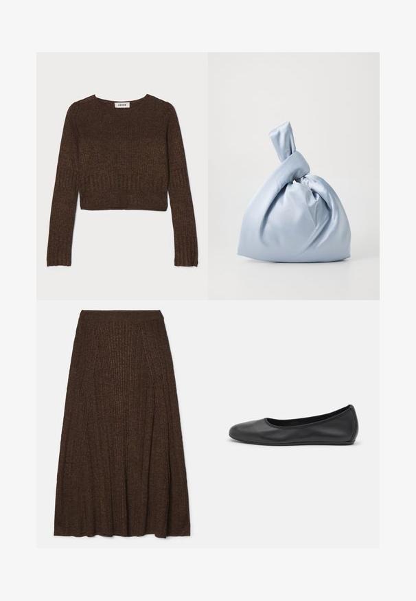 Barna bordázott rövid pulóver lekerekített nyakkivágással és hosszú ujjal. Texturált kötött anyagból készült. Címkén az "AERON" felirat olvasható.; Barna bordázott midi szoknya texturált felülettel, melynek fitted derékrésze és plisszírozott kialakítása van, ami volument és mozgást biztosít.; Fekete bőr balettcipő lekerekített orral, sima tekstúrával, minimális varrással és rugalmas talp kialakítással.; Nanushka JEN - Kézitáska - ice blue