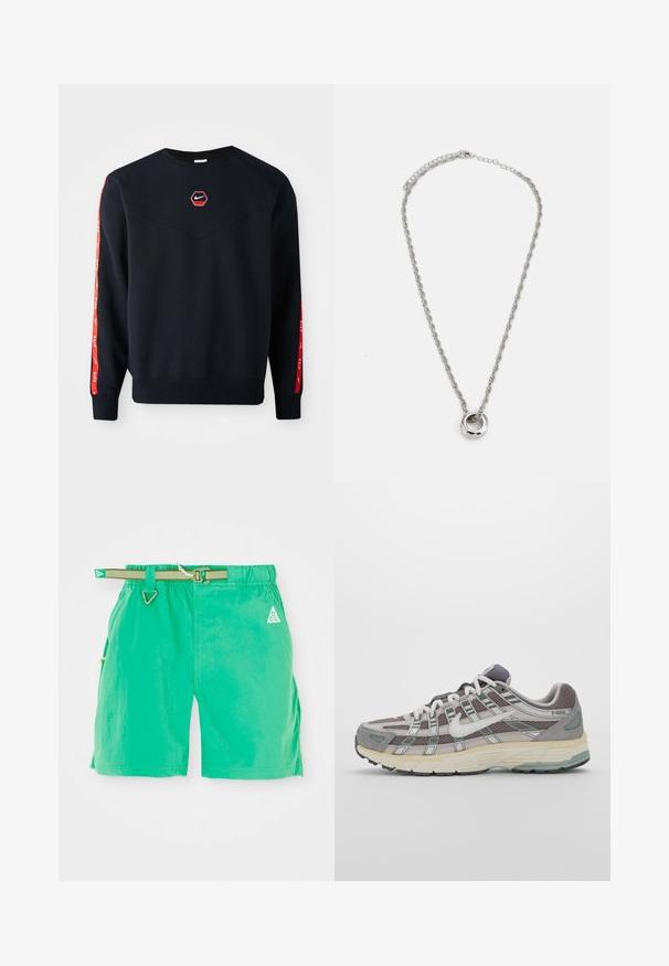 Sweatshirt azul-marinho com um logo hexagonal vermelho da Nike no peito. Apresenta detalhes vermelhos ao longo das mangas e um tecido texturizado e suave.; Calções de banho verdes com um acabamento texturizado, apresentando um cinto ajustável, bolsos laterais e um logótipo triangular na parte frontal esquerda.; Sapatilha atlética cinza com parte superior em malha e camurça, detalhes brancos, sola acolchoada e um design distinto com elementos refletivos.; Colar de metal prateado com um design de corrente torcida e um pendente circular com acabamento polido.