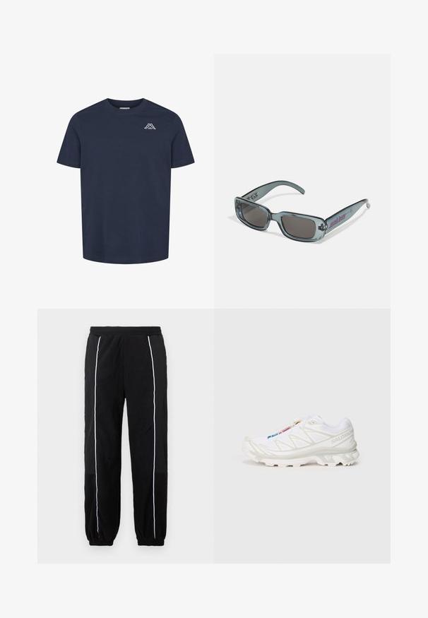 Crna dukserica od flisa s polu-rafalom, kapuljačom i bijelom naglašenom linijom. Logotip otisnut na prsima; s elastičnim manžetama i rubom. Meka tekstura.; Tamnoplavi kratkotrajni majica s kratkim rukavima i okruglim izrezom, s malim bijelim grbom na lijevoj strani prsnog koša koji prikazuje dvije sjedeće figure leđima okrenute jedna drugoj.; Crne trenirke s bijelim bočnim trakama, elastičnim pojasom i manžetama. Izrađene od mekog, teksturiranog materijala za udobnost i fleksibilnost.; Bijela atletska obuća s teksturiranim mrežastim gornjim dijelom, reflektirajućim detaljima i podstavljenim potplatom. Značajan logo brenda sa strane.; Santa Cruz INFERNO UNISEX - Sunčane naočale - crystal black