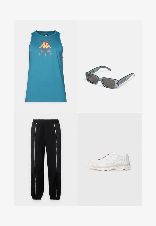 Svart fleece sweatshirt med halv glidelås, hette og hvit kantlinje. Logo trykt på brystet; har elastiske mansjetter og nederkant. Behagelig tekstur.; Turkisblå ermene tanktopp laget av stoff med en glatt tekstur, med en metallisk grafisk logo i oransje og sølv.; Sorte joggebukser med hvite sidestropper, elastisk midjebånd og mansjetter. Laget av myk, teksturert stoff for komfort og fleksibilitet.; Hvite joggesko med teksturert mesh-overdel, reflekterende detaljer og dempet såle. Merkbar merkevarelogo på siden.; Santa Cruz INFERNO UNISEX - Solbriller - crystal black