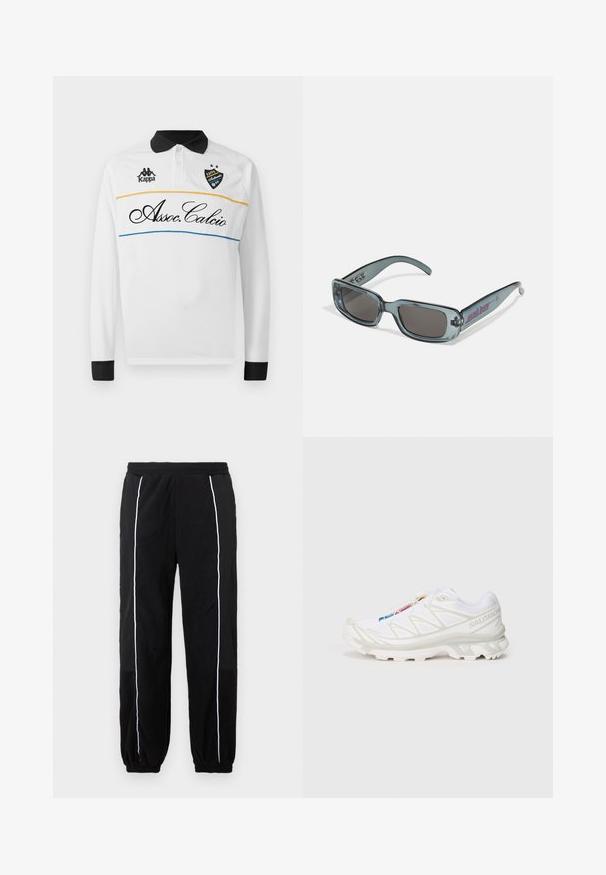 Black fleece sweatshirt with half-zip, hood, and white accent line. Logo printed on chest; features elastic cuffs and hem. Soft texture.; White long-sleeve polo shirt with black collar and cuffs. Features a horizontal design with yellow and blue stripes. Kappa logo and "Assoc.Calcio" in script.; Black sweatpants with white side stripes, elastic waistband, and cuffs. Made from soft, textured fabric for comfort and flexibility.; White athletic shoe with textured mesh upper, reflective accents, and a cushioned sole. Notable brand logo on the side.; Santa Cruz INFERNO UNISEX - Sunglasses - crystal black