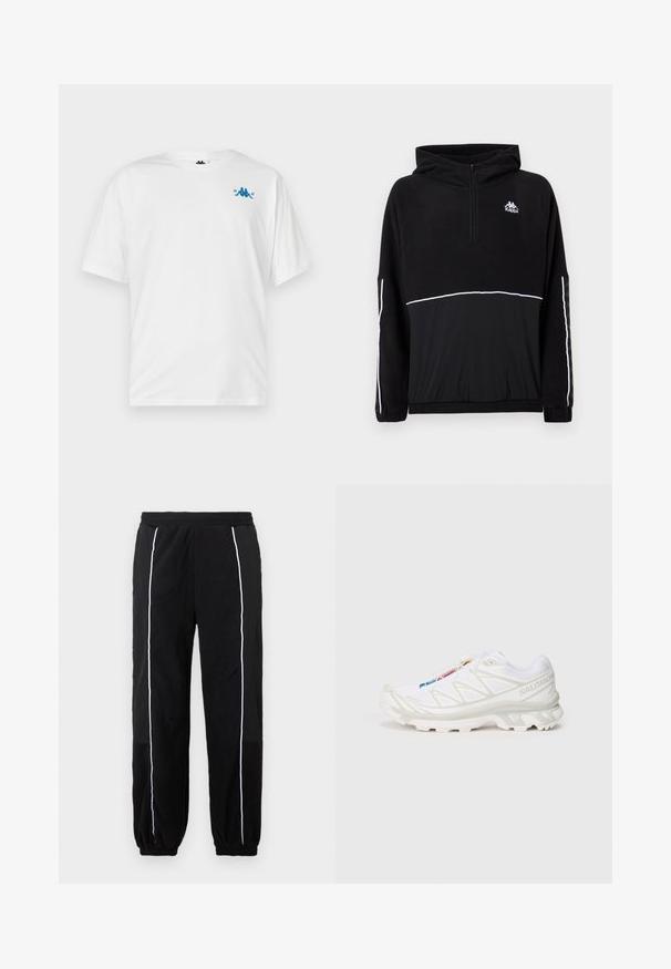 Sweatshirt de polar preto com meio fecho, capuz e linha de acento branca. Logótipo impresso no peito; apresenta punhos e bainha elásticos. Textura suave.; T-shirt branca de mangas curtas com pequeno logotipo azul e texto "1967" no canto superior esquerdo do peito, exibido sobre um fundo simples.; Calças de moletom pretas com riscas laterais brancas, cintura elástica e punhos. Feitas de um tecido suave e texturizado para conforto e flexibilidade.; Sapatilha atlética branca com parte superior em malha texturada, detalhes refletivos e sola acolchoada. Logótipo da marca destacado na lateral.