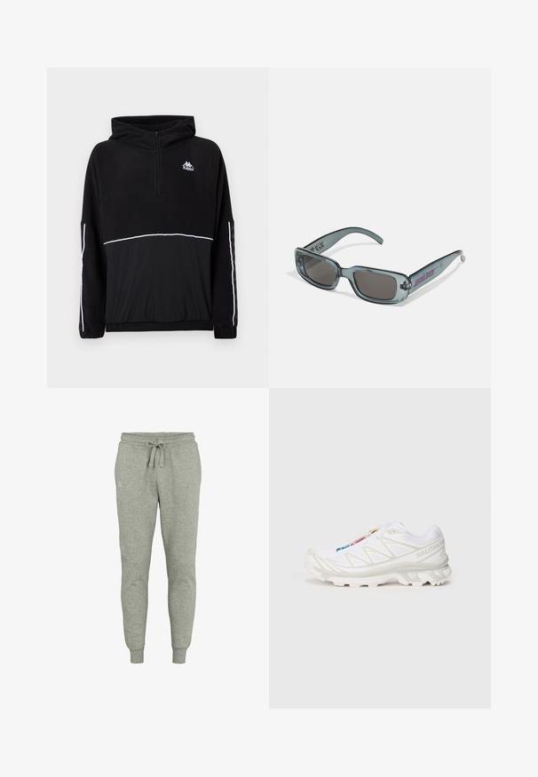 Fekete fleece pulóver fél cipzárral, kapucnival és fehér díszcsíkkal. A mellkason nyomott logó; elasztikus mandzsettákkal és aljjal rendelkezik. Puha tapintású.; Szürke, puha anyagból készült melegítőnadrág, húzózsinóros derékkal és bordás mandzsettával. Kis logó részlet a bal csípőn.; Fehér sportcipő texturált hálós felsőrésszel, fényvisszaverő részletekkel és párnázott talppal. Figyelemre méltó márkalogó az oldalon.; Santa Cruz INFERNO UNISEX - Napszemüvegek - crystal black