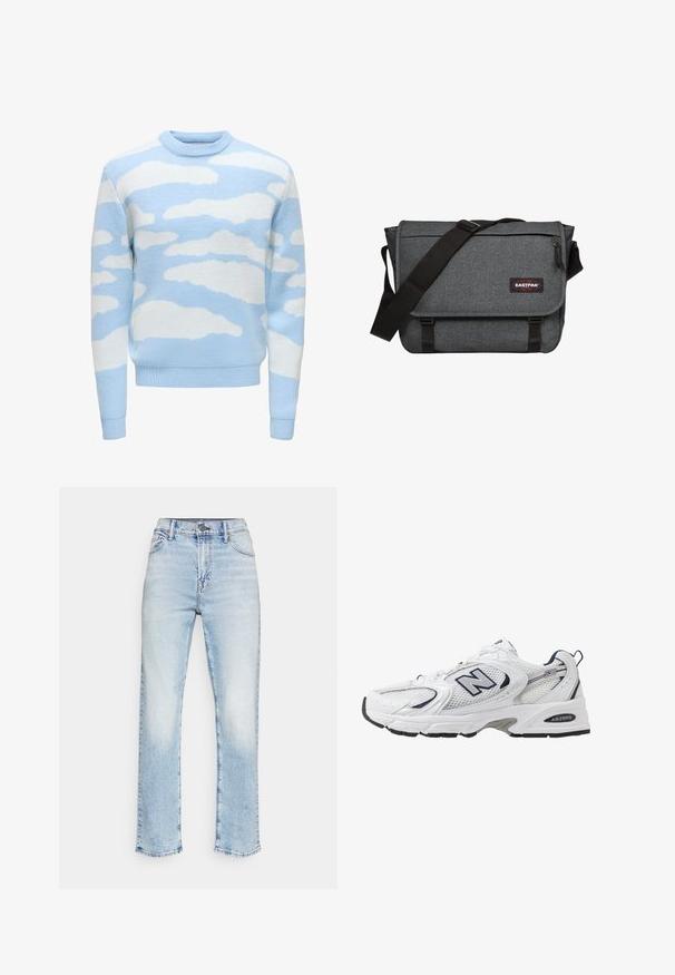 Suéter azul claro con un tejido texturizado que presenta un patrón de nubes en blanco. Cuello redondo y puños y dobladillo acanalados.; Vaqueros de mezclilla azul claro con diseño de pierna recta, cinco bolsillos y cierre de botón. Acabado desgastado con costuras visibles.; Zapatilla deportiva blanca con parte superior de malla, acentos en azul marino y suela acolchada. Presenta el logo "N", cordones y detalle texturizado en el lateral.; Bolso mensajero gris con una tela texturizada, correa negra y cierre de hebilla. Cuenta con un parche de logo y un bolsillo con cremallera en la parte frontal.