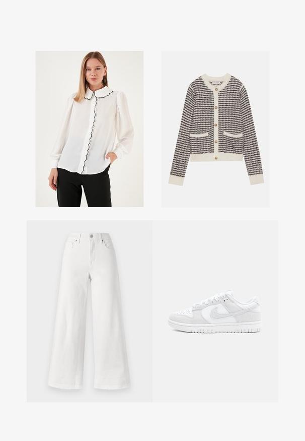 Knitted cardigan in cream and navy with horizontal stripes, featuring round pearl buttons and two front pockets. Ribbed cuffs.; White blouse with a scalloped collar, featuring a black trim and button-front closure. Long sleeves with elastic cuffs, made from a sheer material.; White wide-leg jeans made of denim, featuring a high waist, four-pocket design, and raw hem at the bottom for texture.; White Nike sneakers featuring a mix of textured leather and suede, with a low-top design, round toe, and patterned rubber sole.