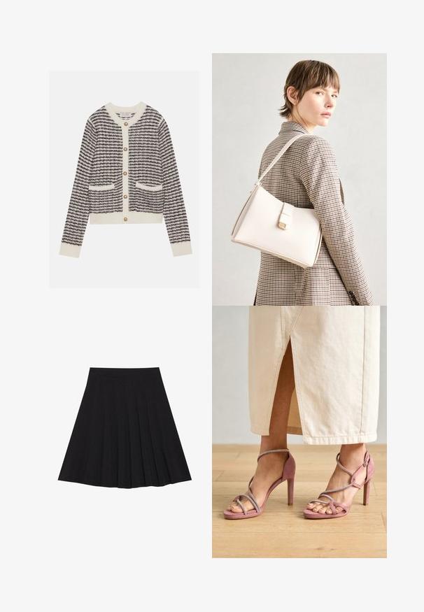 Cardigan tricotat în crem și bleumarin cu dungi orizontale, având butoane rotunde din perlă și două buzunare frontale. Mâneci ribbrate.; Fustă plisată neagră dintr-un material texturat, cu un elastic ajustat. Se termină la nivelul genunchiului, având o siluetă netedă și curată.; Sandale cu toc înalt din suede roz, cu curele împletite și embellishments argintii, având un design cu vârf deschis și o suprafață texturată.; Geantă de mână din piele albă cu un design structurat, având o închidere magnetică și un breteau, expusă pe un fundal neutru.