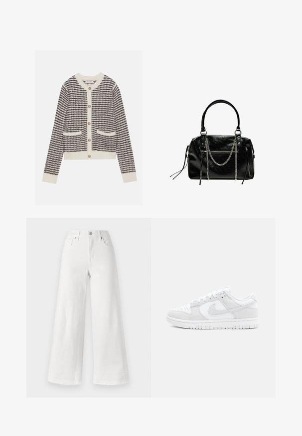 Gebreide cardigan in crème en marineblauw met horizontale strepen, voorzien van ronde parelknoopjes en twee voorzakken. Ribbelmanchetten.; Witte wijde jeans gemaakt van denim, met een hoge taille, een ontwerp met vier zakken en een ruwe zoom aan de onderkant voor textuur.; Witte Nike sneakers met een combinatie van textuurleer en suede, met een laag ontwerp, ronde neus en een rubberen zool met patroon.; Bershka WITH CHAIN - Handtas - black