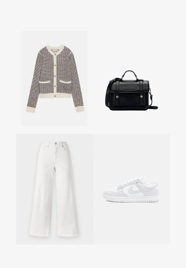 Knitted cardigan in cream and navy with horizontal stripes, featuring round pearl buttons and two front pockets. Ribbed cuffs.; White wide-leg jeans made of denim, featuring a high waist, four-pocket design, and raw hem at the bottom for texture.; White Nike sneakers featuring a mix of textured leather and suede, with a low-top design, round toe, and patterned rubber sole.; Black leather crossbody bag with a structured design, top handle, adjustable strap, front flap, and metal accents. Features branding on the front.