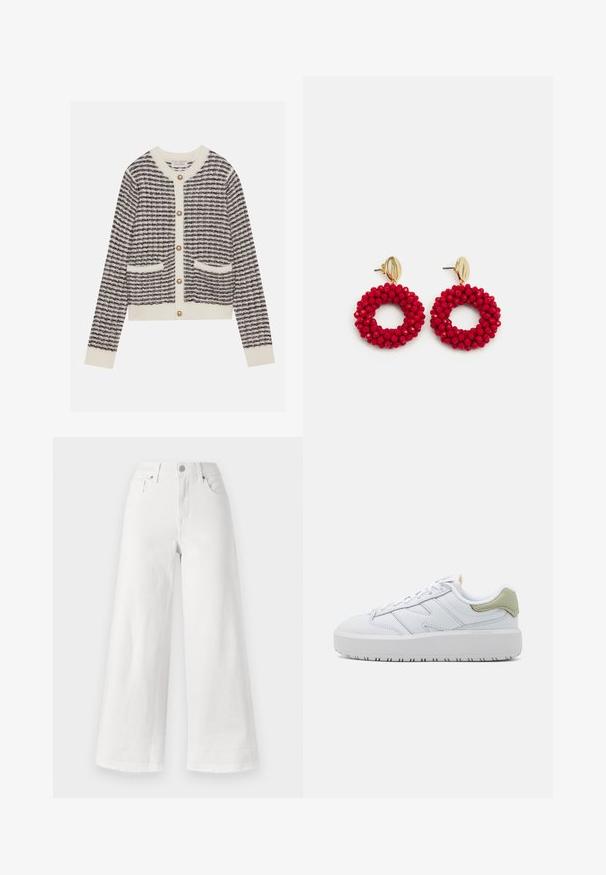 Knitted cardigan in cream and navy with horizontal stripes, featuring round pearl buttons and two front pockets. Ribbed cuffs.; White wide-leg jeans made of denim, featuring a high waist, four-pocket design, and raw hem at the bottom for texture.; White sneaker with smooth leather upper, padded collar, and thick rubber outsole. Features subtle green accent on the heel and minimalistic design.; Red beaded hoop earrings with a textured surface and a gold-tone post fastening. Circular shape with open center and rounded bead detailing.