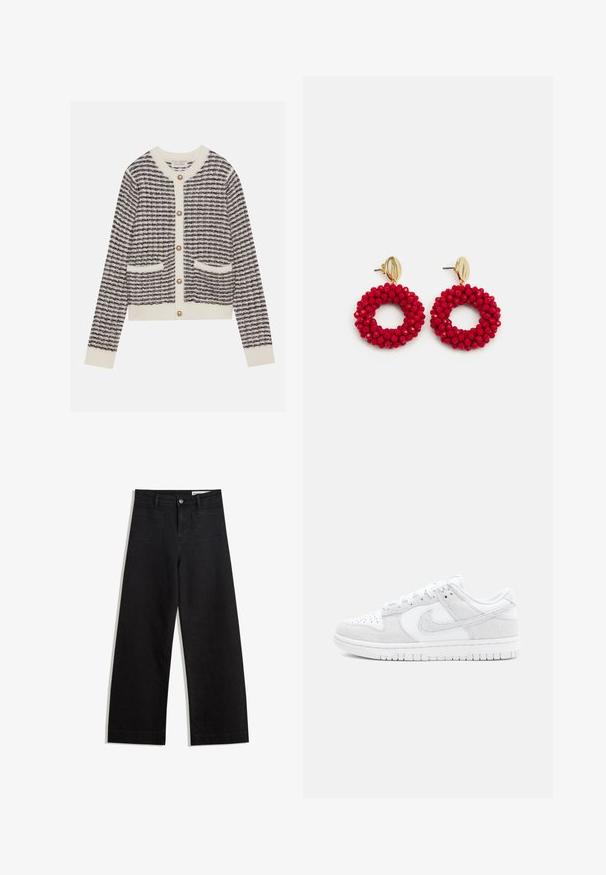 Knitted cardigan in cream and navy with horizontal stripes, featuring round pearl buttons and two front pockets. Ribbed cuffs.; Black wide-leg denim pants with a high waist, featuring front and back pockets, stitched seams, and a button closure. Smooth texture.; White Nike sneakers featuring a mix of textured leather and suede, with a low-top design, round toe, and patterned rubber sole.; Red beaded hoop earrings with a textured surface and a gold-tone post fastening. Circular shape with open center and rounded bead detailing.