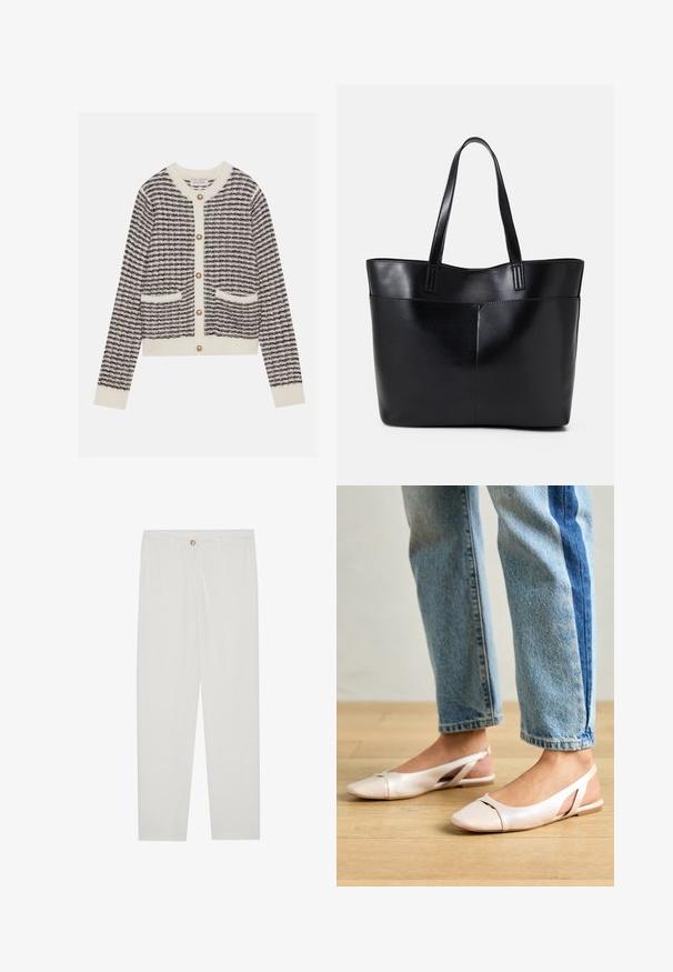 Pletený kardigan v krémové a námořnické modré barvě s vodorovnými pruhy, znázorňující kulaté perlkové knoflíky a dvě přední kapsy. Žebrované manžety.; Bílé kalhoty na míru s rovnými nohavicemi, se zapínáním na knoflík, poutky na opasek a bočními kapsami; hladká struktura látky.; Světle růžové slingback baleríny s špičatou špičkou, vyrobené z hladkého koženému materiálu. Obsahují vystřihovací detaily po stranách a plochý podpatek.; Černá kožená taška s dlouhými ušima, hladkým povrchem a strukturovaným tvarem. Obsahuje přední kapsu pro další úložný prostor.
