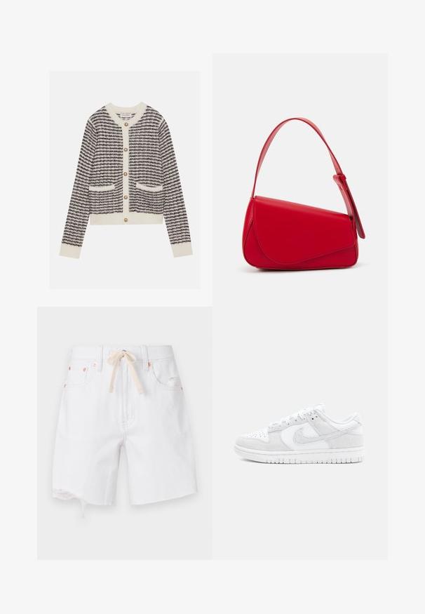 Trikotažna jakna v kremni in mornarsko modri barvi s horizontalnimi črtami, z okroglimi bisernimi gumbi in dvema sprednjima žepoma. Ribošedni manšeti.; Beli denim kratke hlače z neurejenim robom, material iz mešanice bombaža in bež vrvico na pasu. Imajo bakerne zaponke in stranske žepke.; Bele tene Nike z sneakerji z mešanico teksturirane usnja in semiša, z nizkim dizajnom, okroglo toe in vzorčastim gumijastim podplatom.; Rdeča usnjena torba z angularnim, geometrijskim dizajnom. Ima en samostoječ nastavljiv ročaj in pokrov, zaprt z zapiranjem, ki je okrašen s šivi.